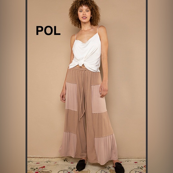 BPB224-9🤎POL perfection in  Two-Tone Tiered wide leg soft pants in tan+taupe! - Picture 2 of 6